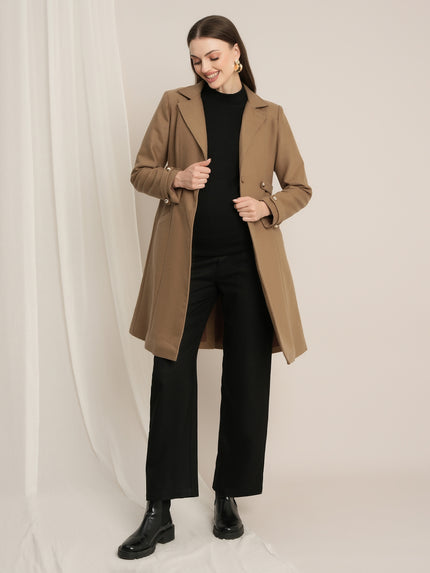 Maternity Winter Tweed A-Line Overcoat with Pockets - Beige