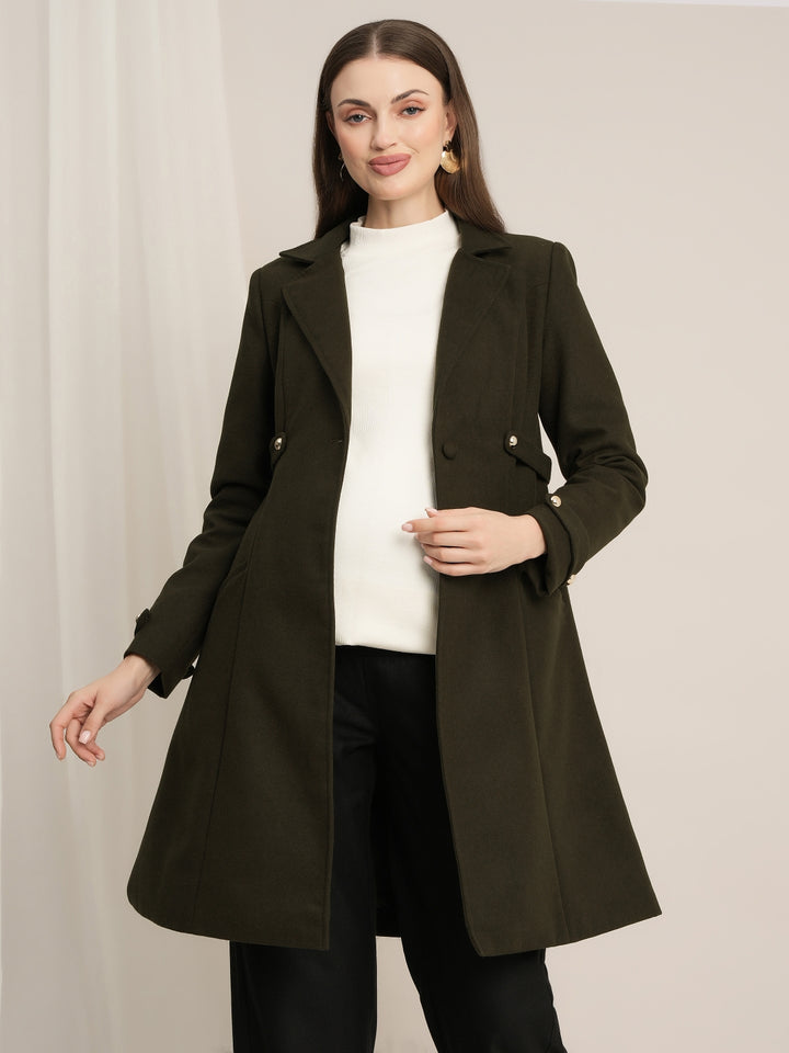 Maternity Winter Tweed A-Line Overcoat with Pockets - Green