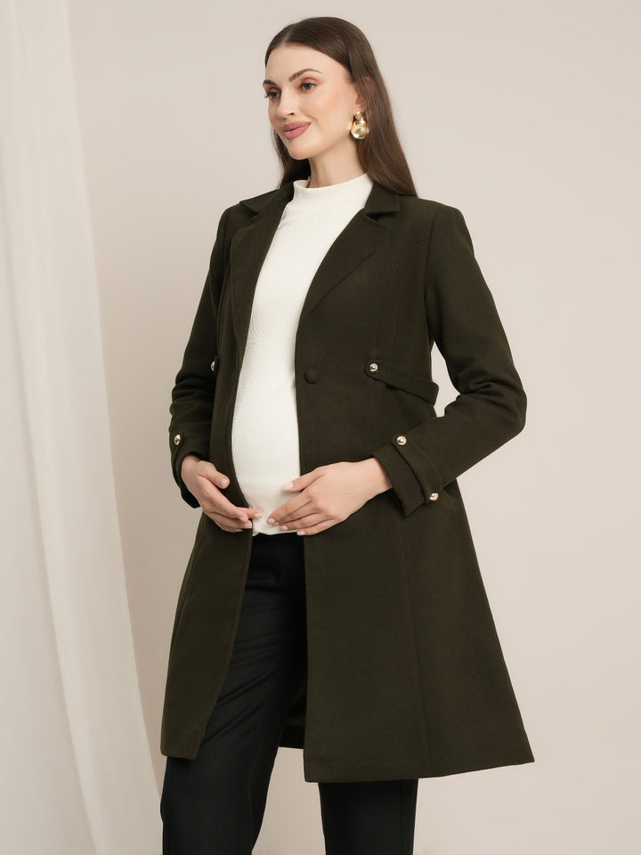 Maternity Winter Tweed A-Line Overcoat with Pockets - Green