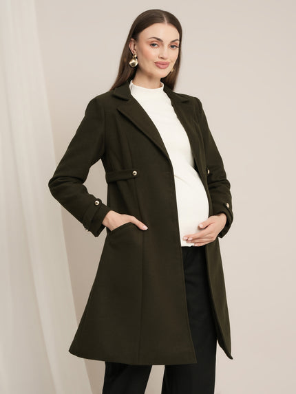Maternity Winter Tweed A-Line Overcoat with Pockets - Green