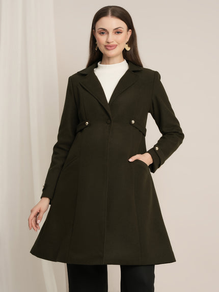 Maternity Winter Tweed A-Line Overcoat with Pockets - Green