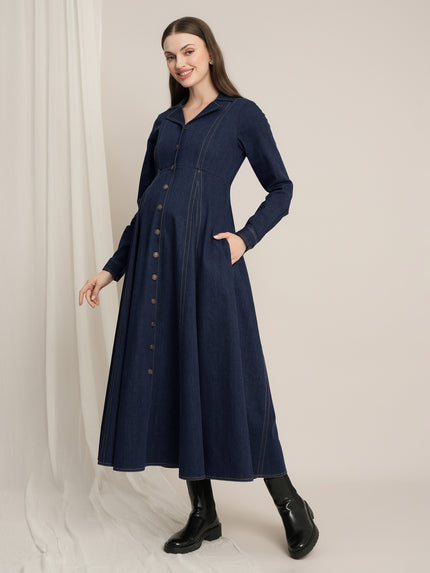 Maternity Winter Stretch Denim Flared Maxi Dress