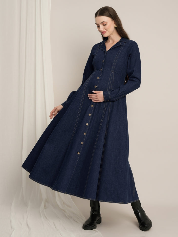 Maternity Winter Stretch Denim Flared Maxi Dress