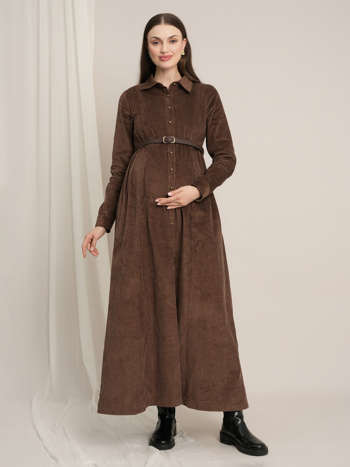 Brown Maternity Winter Corduroy Maxi Shirt Dress with Belt