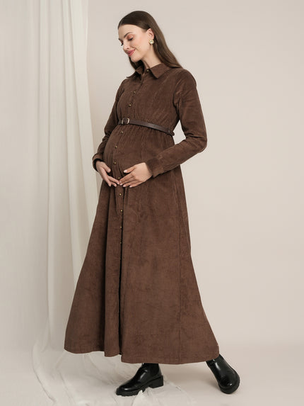 Brown Maternity Winter Corduroy Maxi Shirt Dress with Belt