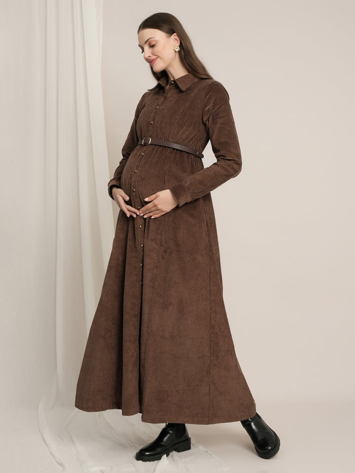 Brown Maternity Winter Corduroy Maxi Shirt Dress with Belt