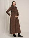 Brown Maternity Winter Corduroy Maxi Shirt Dress with Belt