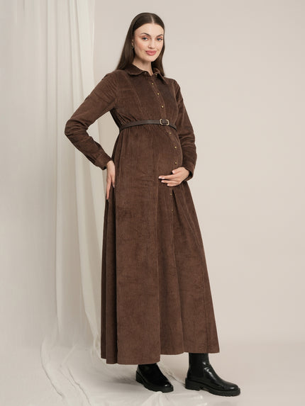 Brown Maternity Winter Corduroy Maxi Shirt Dress with Belt