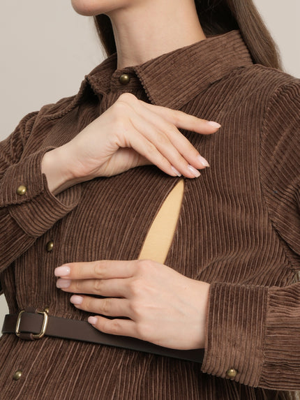 Brown Maternity Winter Corduroy Maxi Shirt Dress with Belt