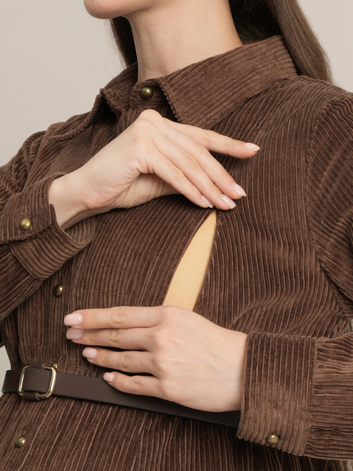 Brown Maternity Winter Corduroy Maxi Shirt Dress with Belt