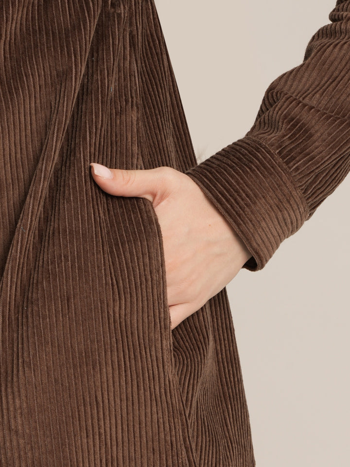 Brown Maternity Winter Corduroy Maxi Shirt Dress with Belt
