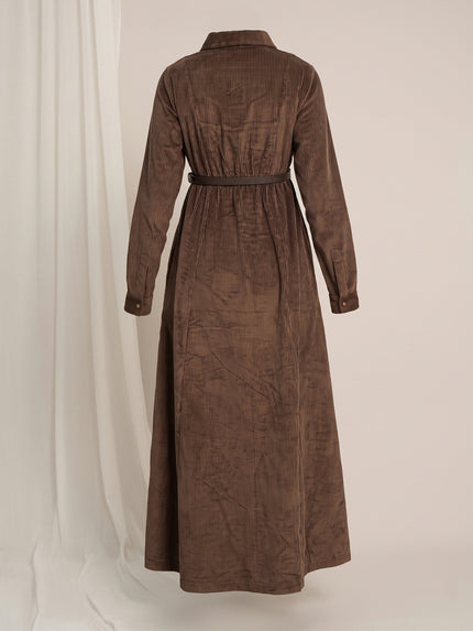 Brown Maternity Winter Corduroy Maxi Shirt Dress with Belt