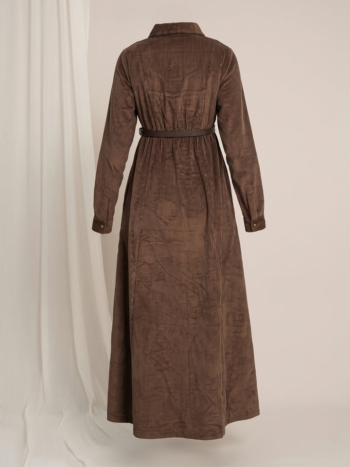 Brown Maternity Winter Corduroy Maxi Shirt Dress with Belt