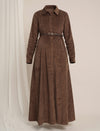 Brown Maternity Winter Corduroy Maxi Shirt Dress with Belt
