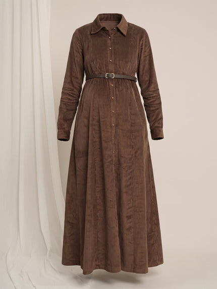Brown Maternity Winter Corduroy Maxi Shirt Dress with Belt