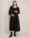 Black Maternity Winter Suede A-Line Midi Dress with Belt