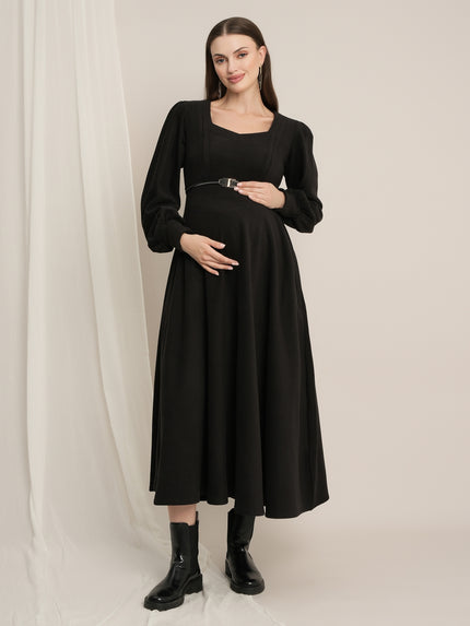 Black Maternity Winter Suede A-Line Midi Dress with Belt