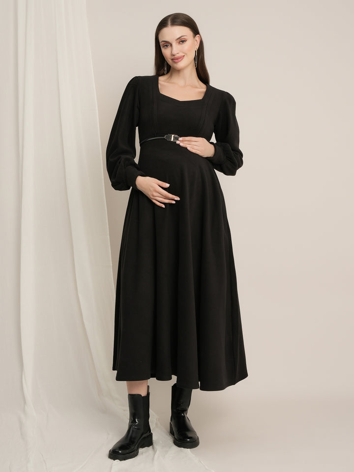 Black Maternity Winter Suede A-Line Midi Dress with Belt