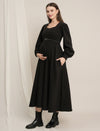 Black Maternity Winter Suede A-Line Midi Dress with Belt