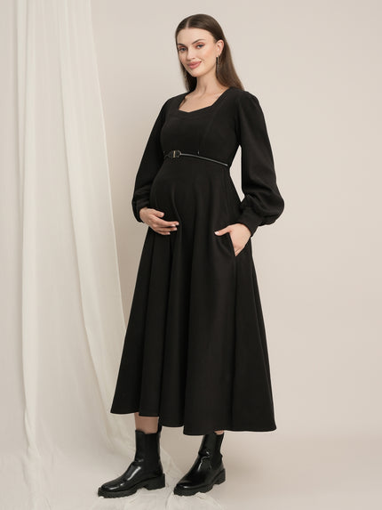 Black Maternity Winter Suede A-Line Midi Dress with Belt