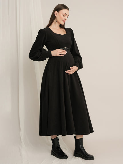 Black Maternity Winter Suede A-Line Midi Dress with Belt