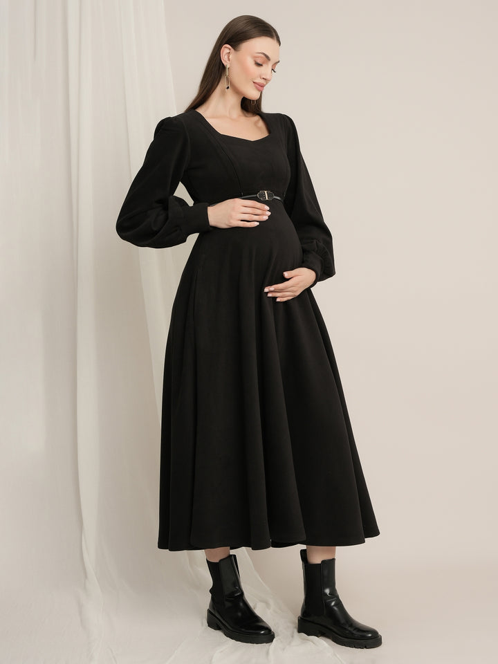 Black Maternity Winter Suede A-Line Midi Dress with Belt