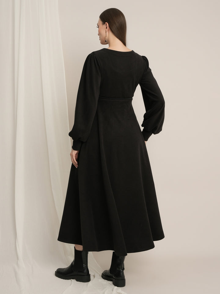 Black Maternity Winter Suede A-Line Midi Dress with Belt