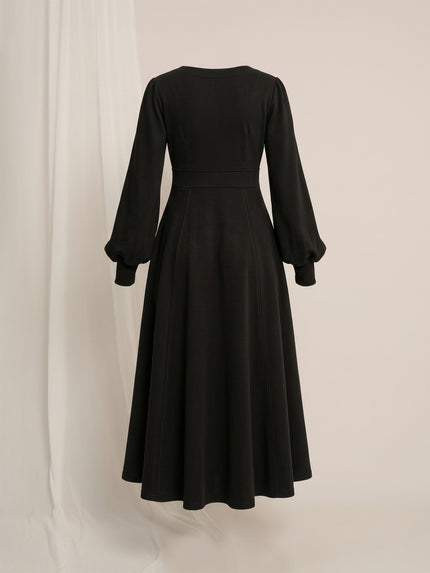 Black Maternity Winter Suede A-Line Midi Dress with Belt