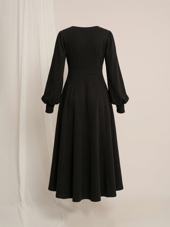 Black Maternity Winter Suede A-Line Midi Dress with Belt