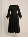 Black Maternity Winter Suede A-Line Midi Dress with Belt