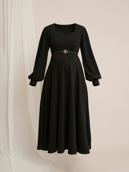 Black Maternity Winter Suede A-Line Midi Dress with Belt