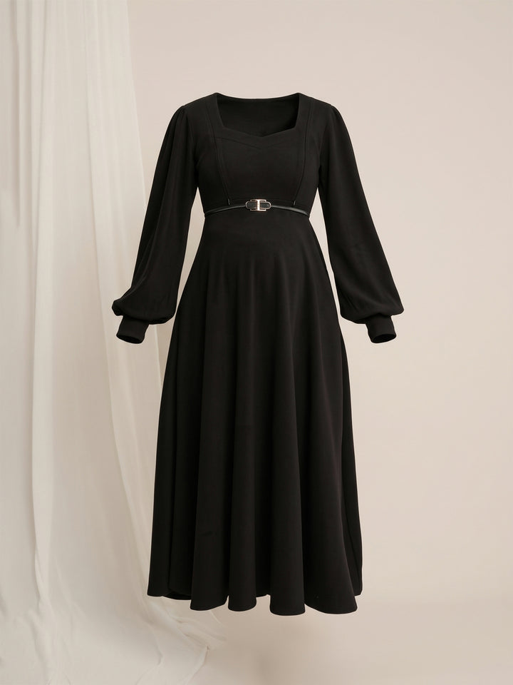 Black Maternity Winter Suede A-Line Midi Dress with Belt