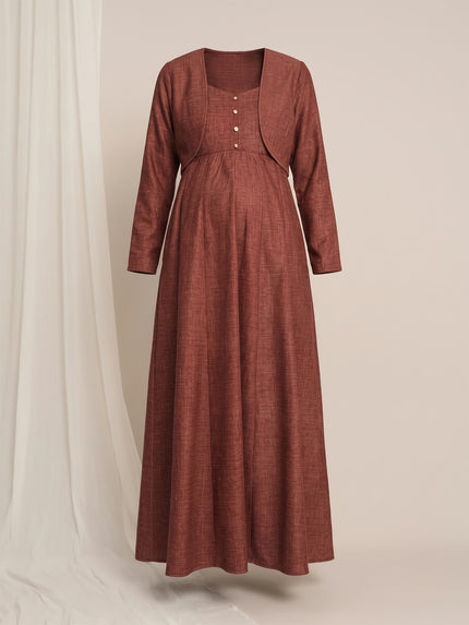 Rust Maternity Winter Woolen Maxi Dress with Shrug