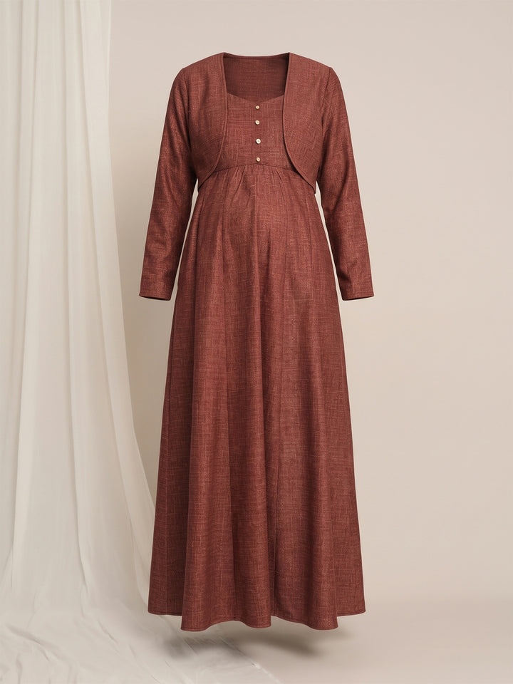 Rust Maternity Winter Woolen Maxi Dress with Shrug