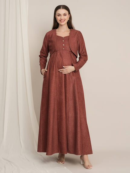 Rust Maternity Winter Woolen Maxi Dress with Shrug