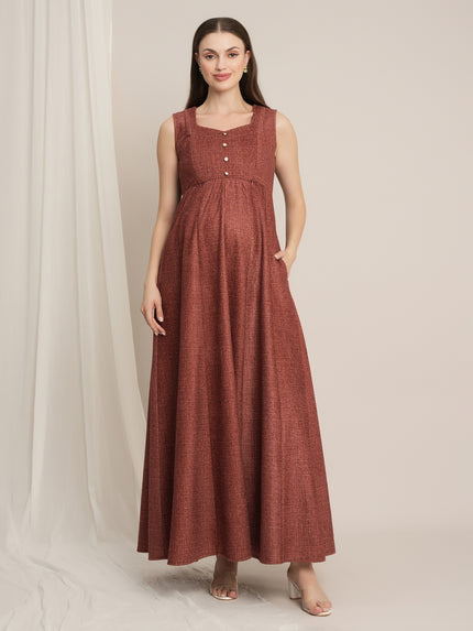 Rust Maternity Winter Woolen Maxi Dress with Shrug