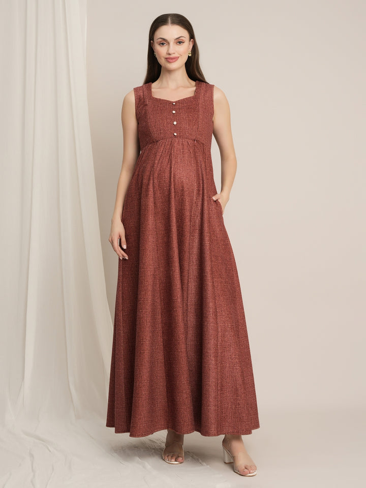 Rust Maternity Winter Woolen Maxi Dress with Shrug