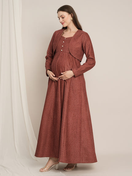 Rust Maternity Winter Woolen Maxi Dress with Shrug
