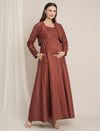 Rust Maternity Winter Woolen Maxi Dress with Shrug