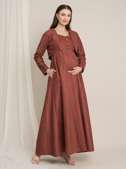 Rust Maternity Winter Woolen Maxi Dress with Shrug