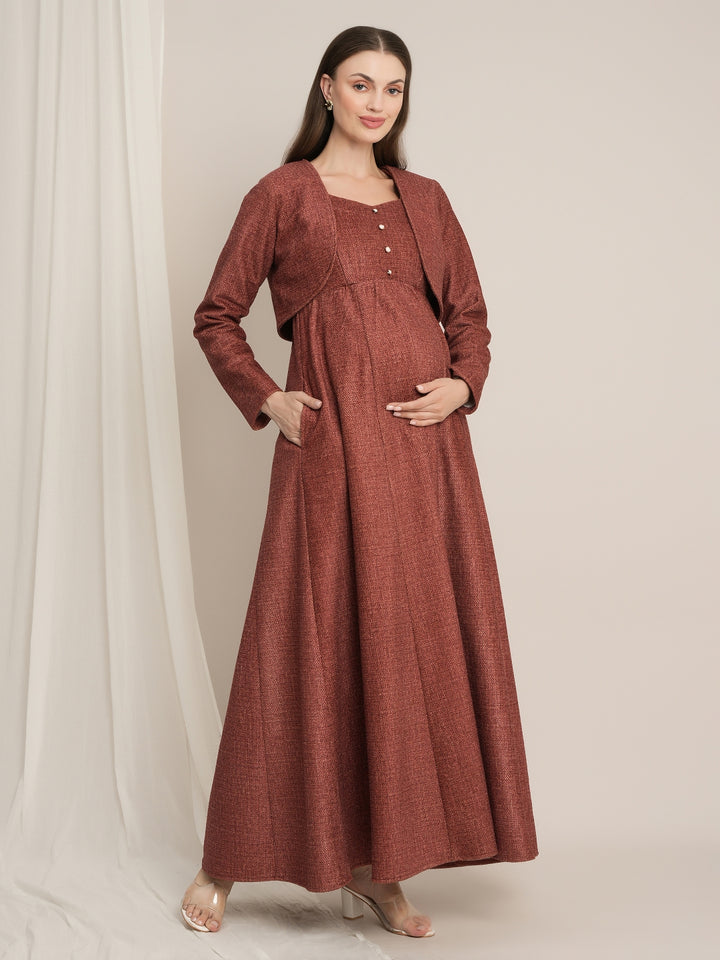 Rust Maternity Winter Woolen Maxi Dress with Shrug