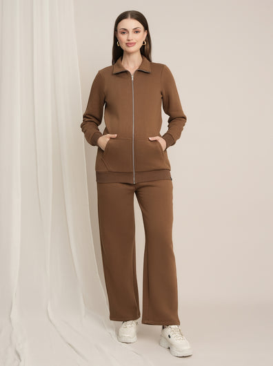 Maternity Winter Fleece Co-ord Set with Zip - Brown