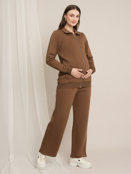 Maternity Winter Fleece Co-ord Set with Zip - Brown