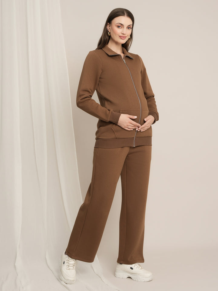 Maternity Winter Fleece Co-ord Set with Zip - Brown