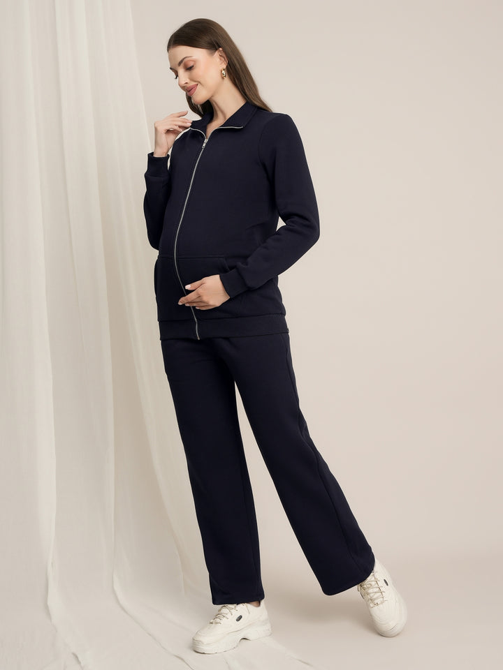 Maternity Winter Fleece Co-ord Set with Zip - Navy Blue