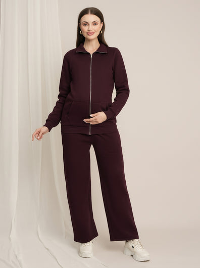 Maternity Winter Fleece Co-ord Set with Zip - Wine