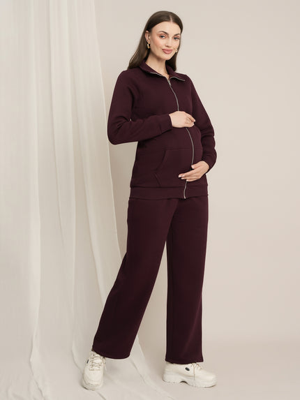 Maternity Winter Fleece Co-ord Set with Zip - Wine