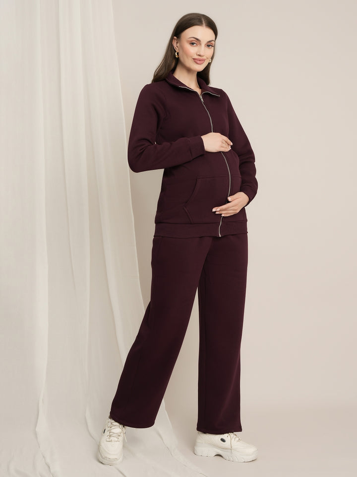 Maternity Winter Fleece Co-ord Set with Zip - Wine