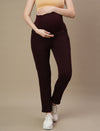Front view of Wobbly Walk Wine Berry Maternity Fleece Pants featuring an over-belly, elastic-free waistband