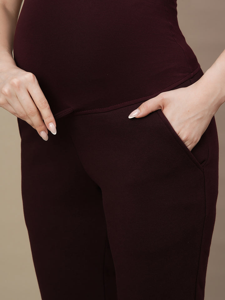 Winter Fleece Maternity Pants- Wine Berry